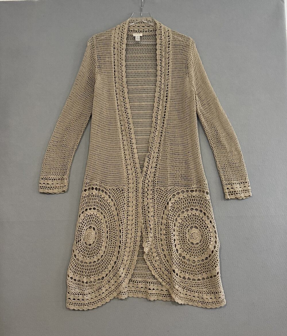 Chico’s Crochet Cardigan Duster Size 2/Large Beige Boho Coastal Cottagecore